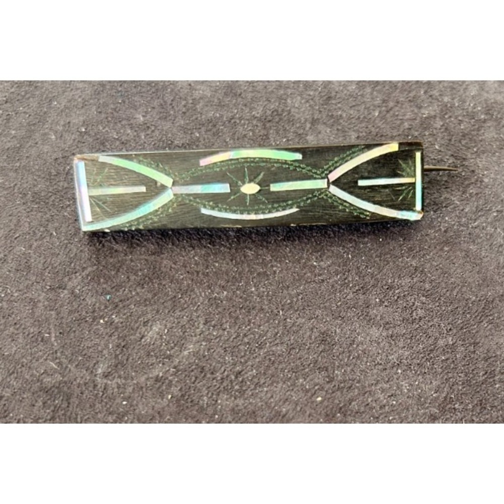 Antique 1890s Victorian Black Wood Bar Brooch Mother of Pearl Inlay Mourning Pin